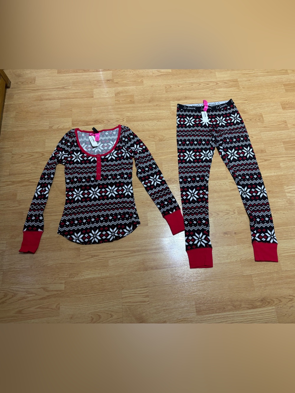 Women’s LaSenza Red & Black Fair Isle Pajama Set - Cozy Long Sleeve Top & Pants.